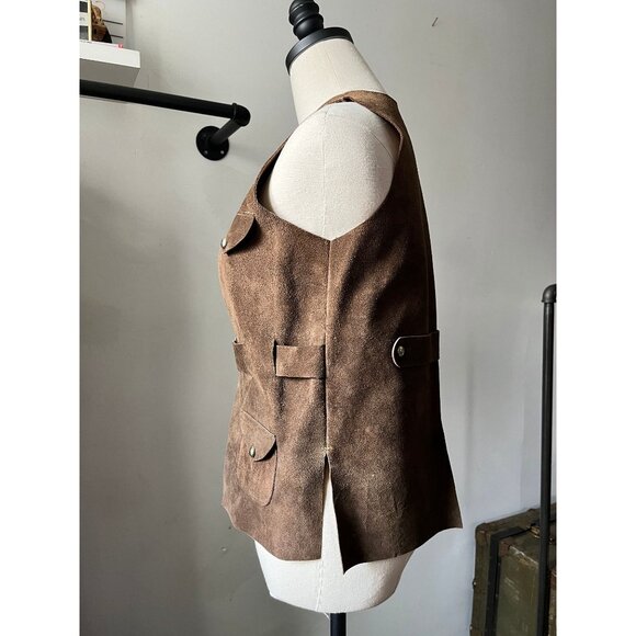Vintage 70s Brown Suede Leather Vest | 1970s Belted Utility Pocket Western Boho - Picture 10 of 10